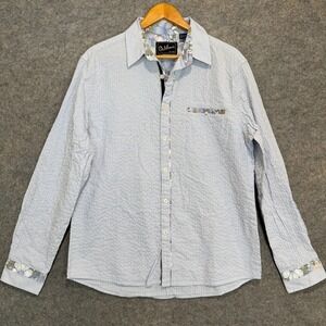 DaVinci Seersucker Button Shirt Mens Large Floral Light Blue Striped